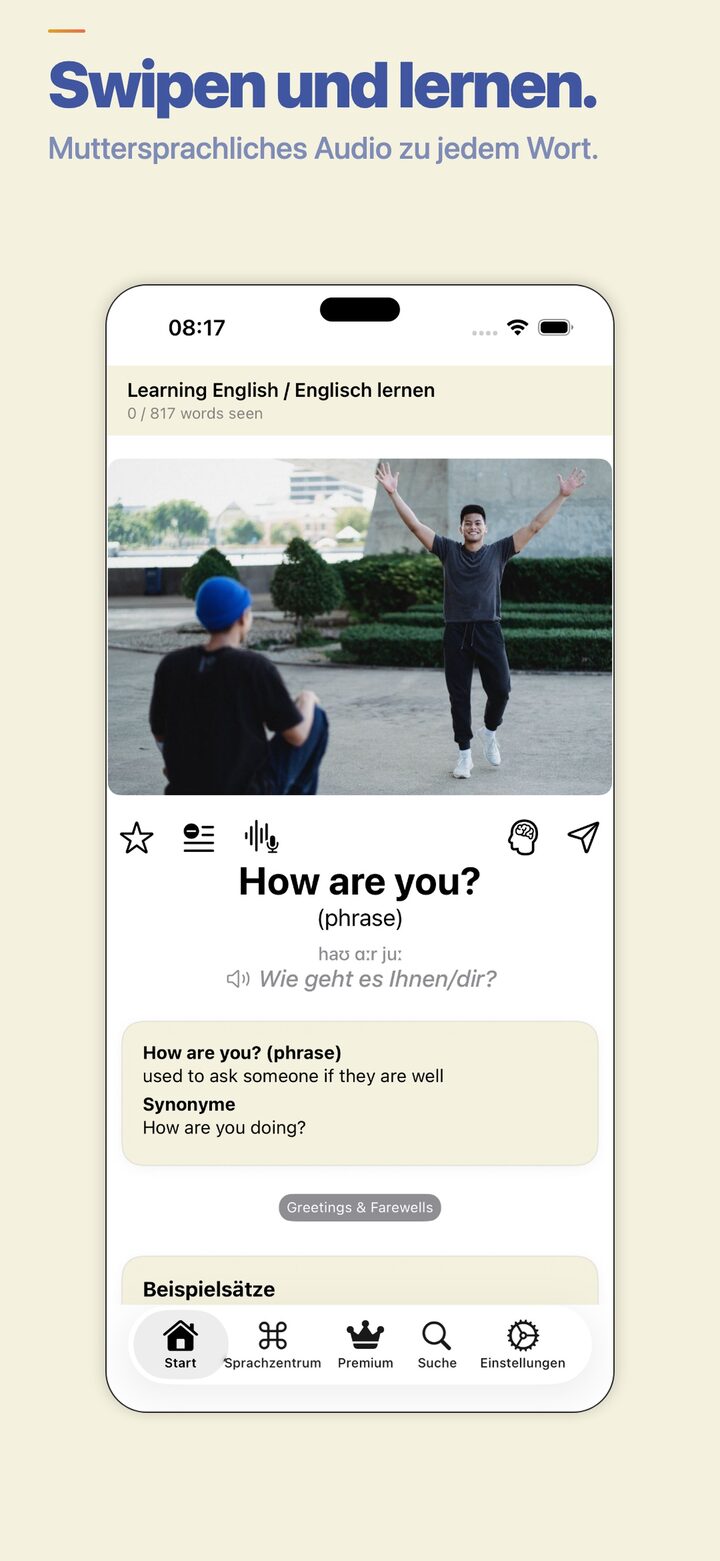 LingoSwipe home feed — swipe to learn new vocabulary with native audio