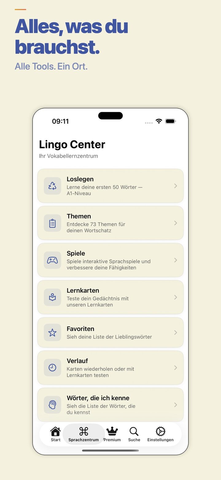 Lingo Center — track your progress and review saved words