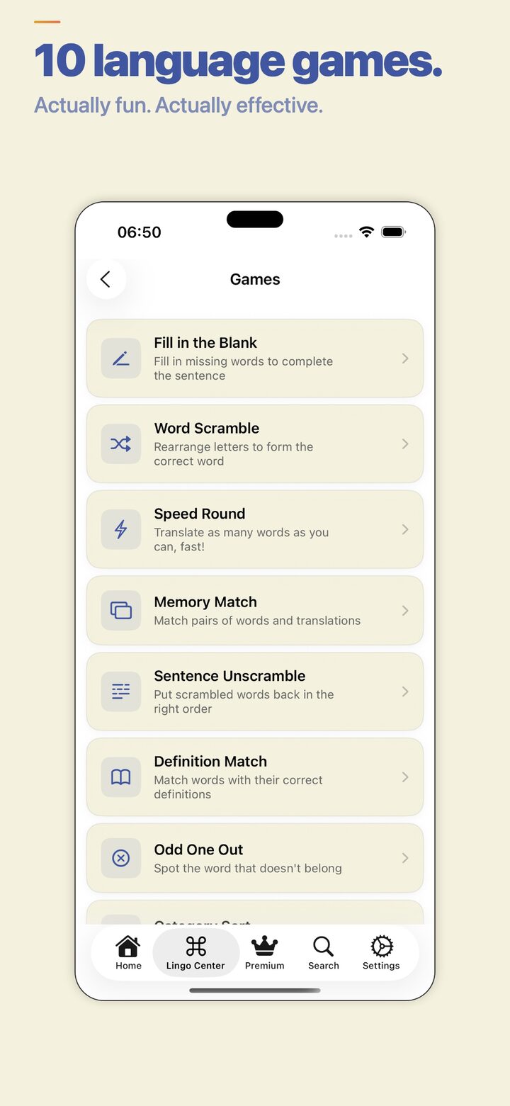 Games hub — practise vocabulary with word games
