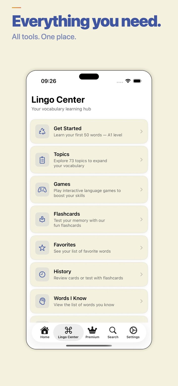 Lingo Center — track your progress and review saved words