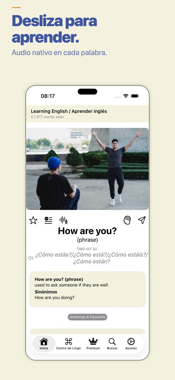 LingoSwipe home feed — swipe to learn new vocabulary with native audio