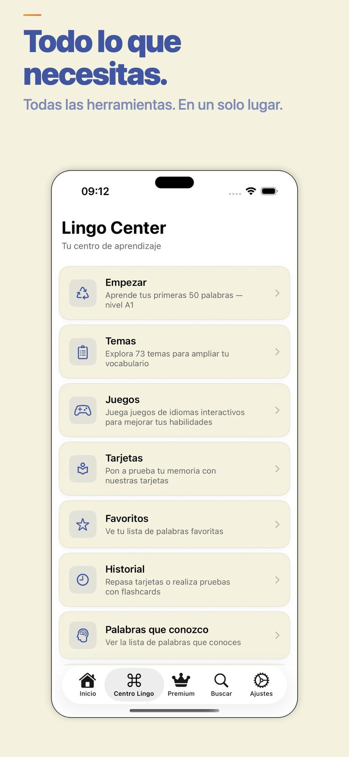 Lingo Center — track your progress and review saved words