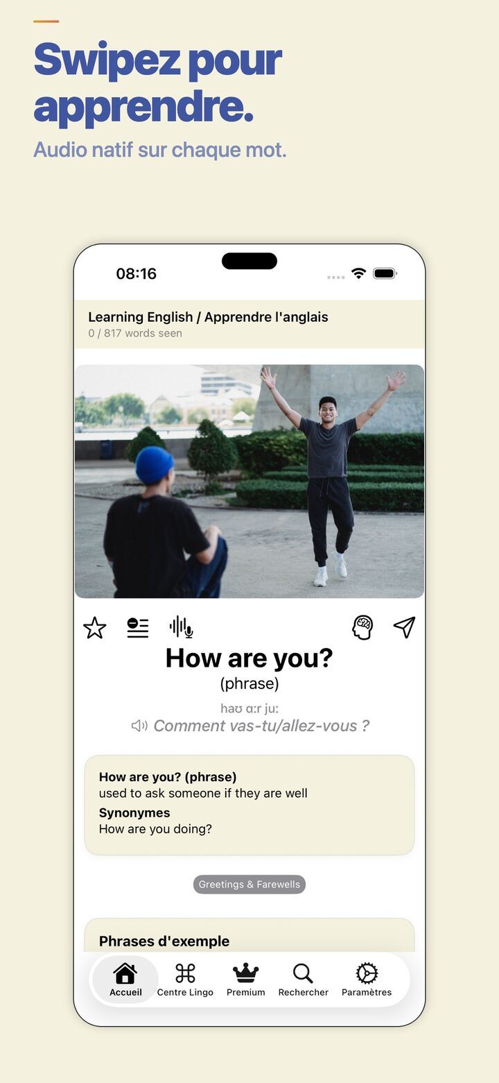 LingoSwipe home feed — swipe to learn new vocabulary with native audio