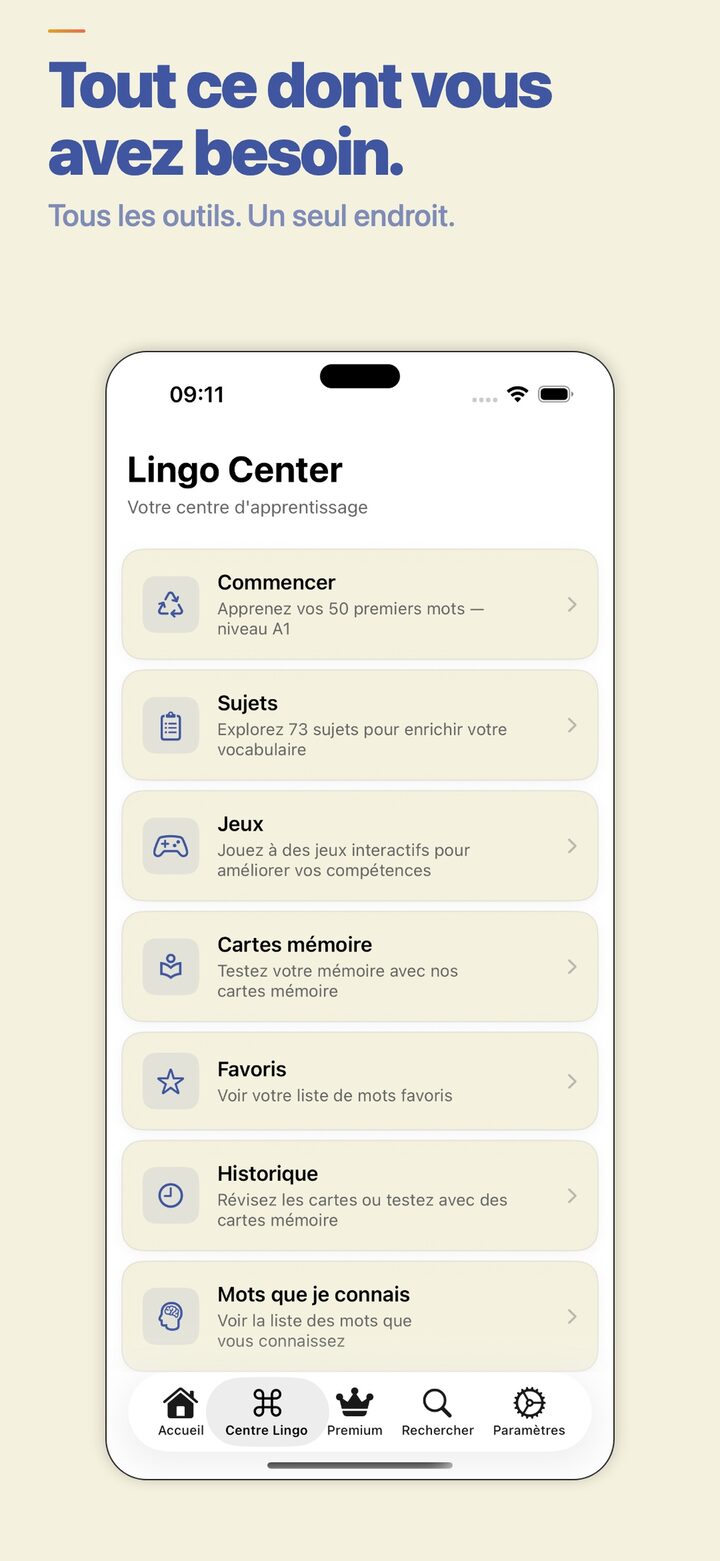 Lingo Center — track your progress and review saved words