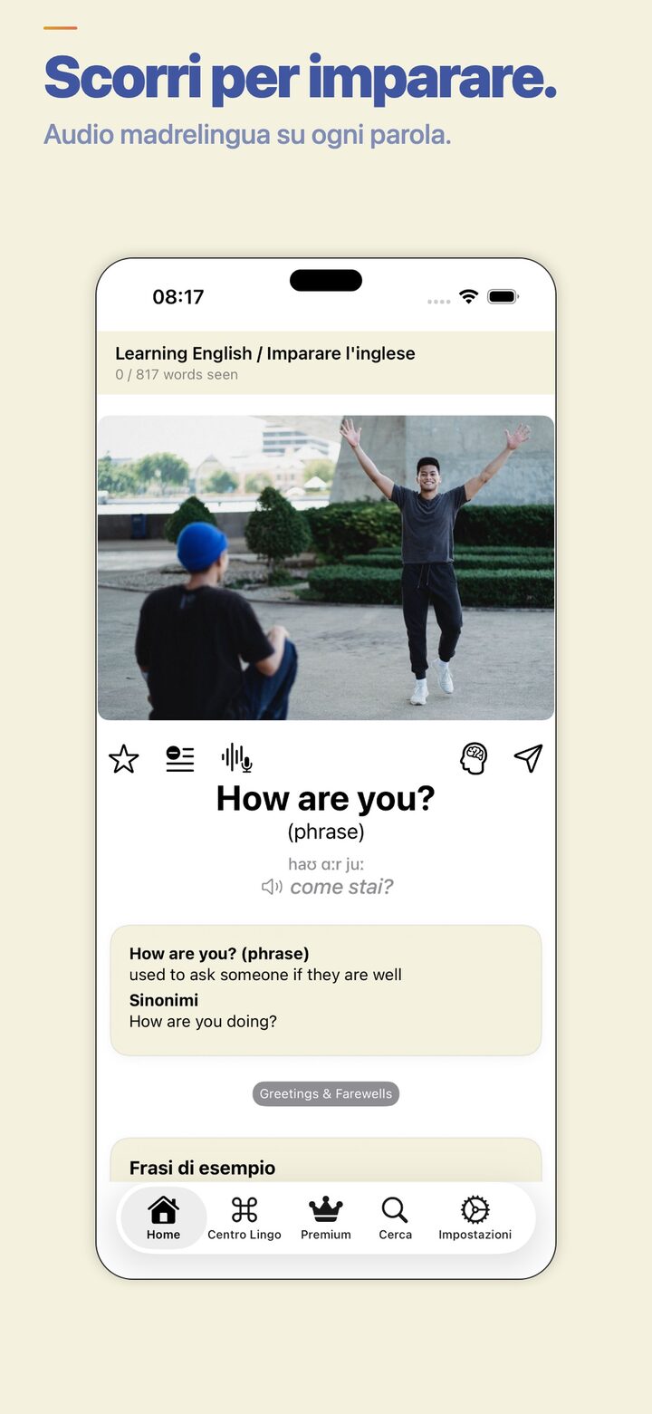 LingoSwipe home feed — swipe to learn new vocabulary with native audio