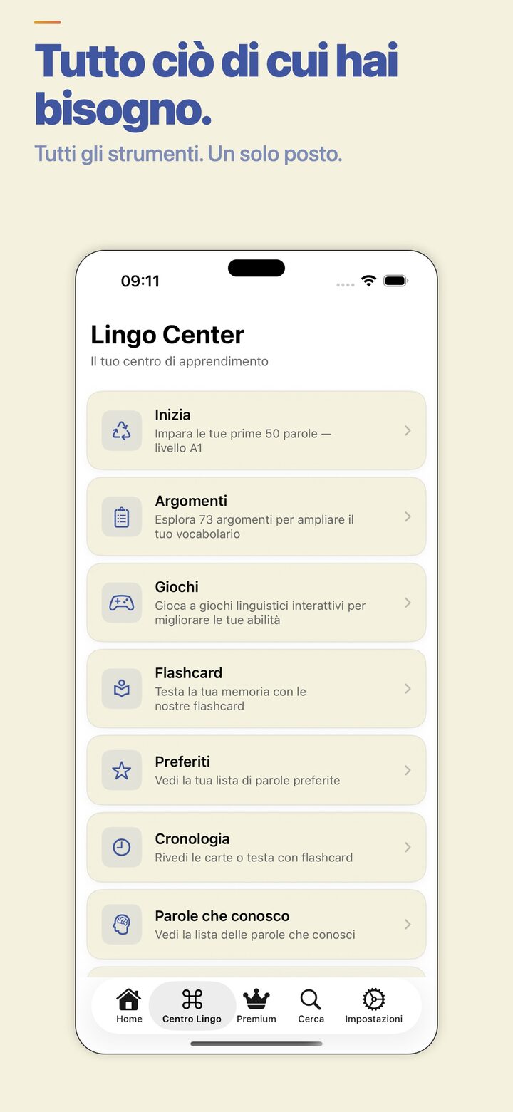 Lingo Center — track your progress and review saved words