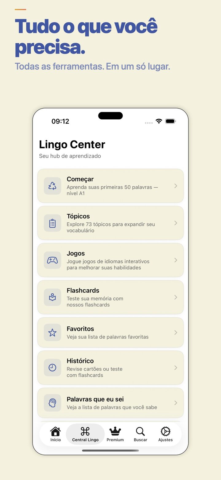 Lingo Center — track your progress and review saved words