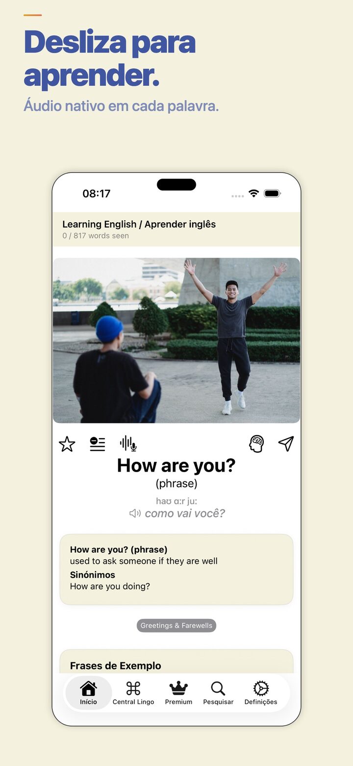 LingoSwipe home feed — swipe to learn new vocabulary with native audio
