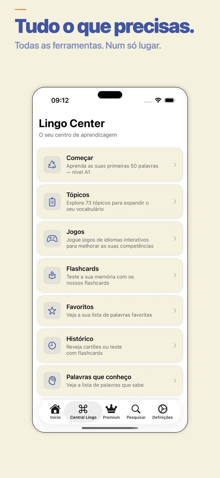 Lingo Center — track your progress and review saved words